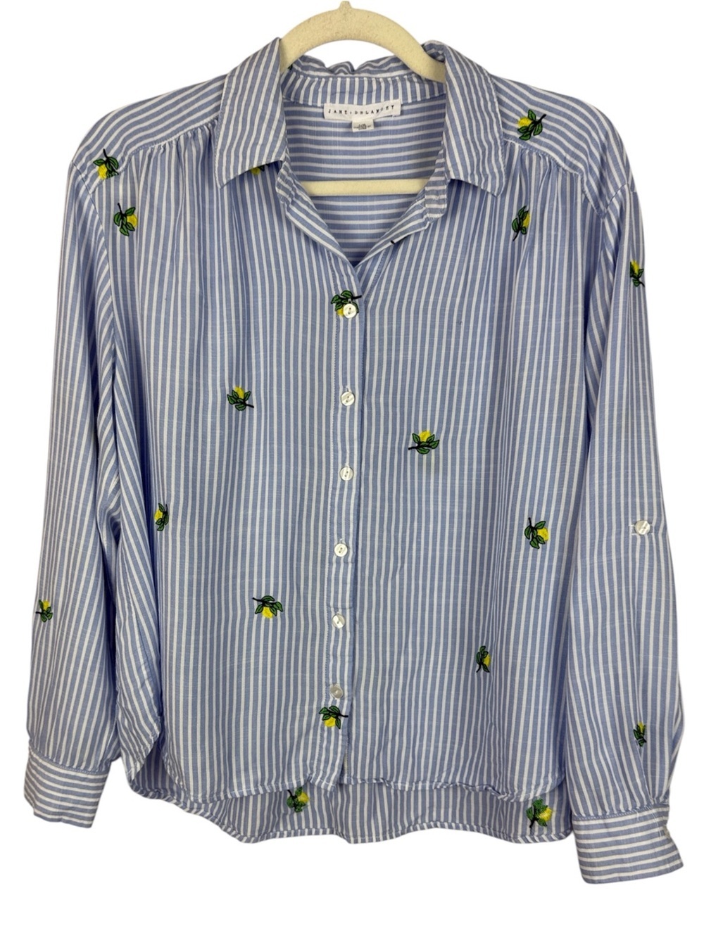 Jane + Delancey Blue & White Striped Lemon Embroidered Button Down Shirt - Large
